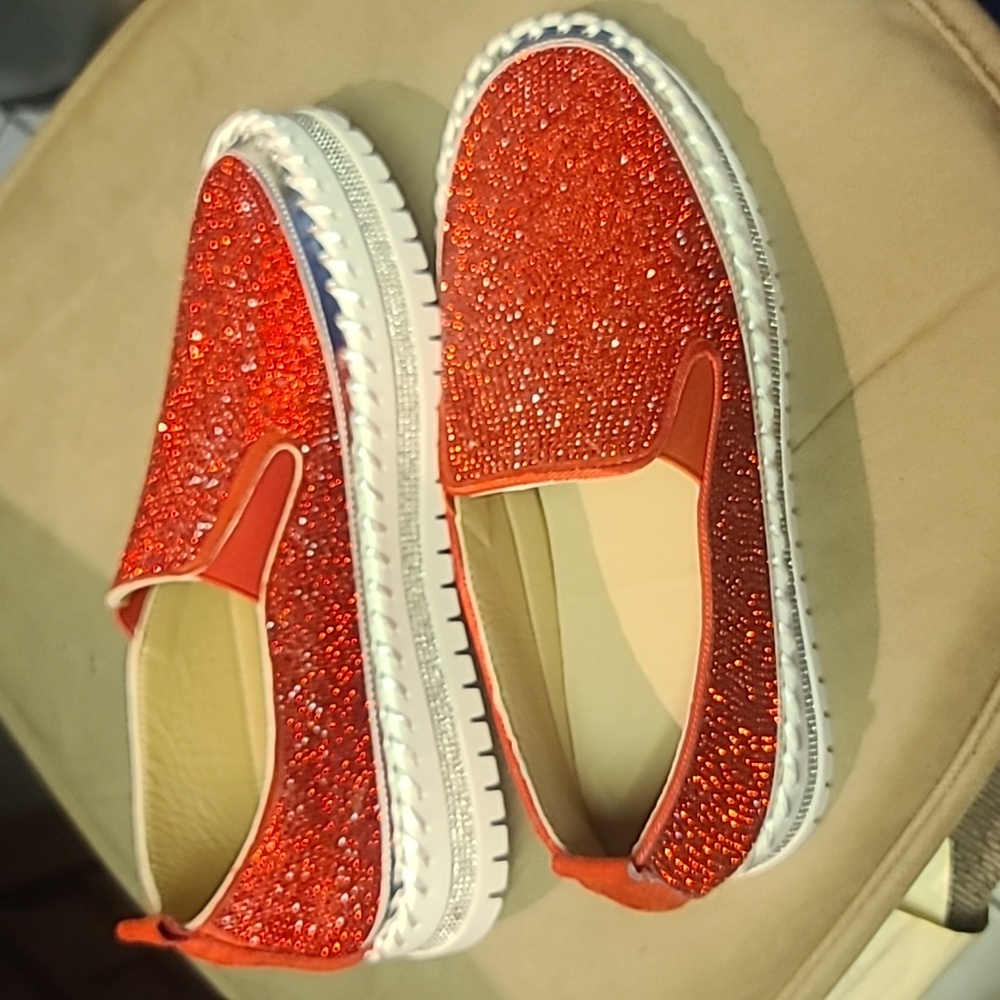 Women’s Red Glitter Slip-On Sneakers - Casual Sparkle - Picture 3 of 7
